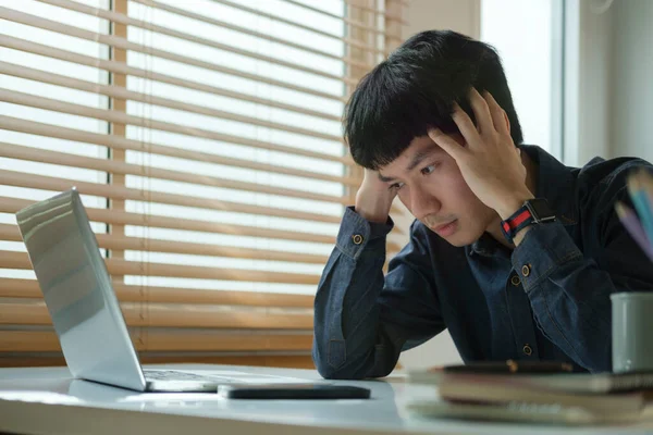 Unhappy Businessman Covering Face Hand Feeling Stress Headache Migraine Having — Foto Stock