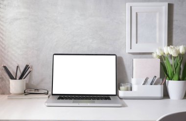 Bilgisayarı, malzemeleri ve çiçek saksısı olan parlak modern ofis. Reklam metniniz için boş ekran.