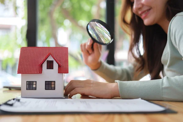Woman Looking House Model Magnifying Glass Real Estate Appraisal Land — 图库照片