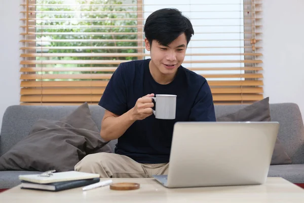 Handsome asian man sitting on couch and using laptop, browsing internet, replies to email, working online.