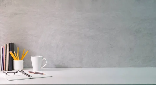 Minimal Workplace Coffee Cup Glasses Notebook Pencil Holder White Table — 스톡 사진
