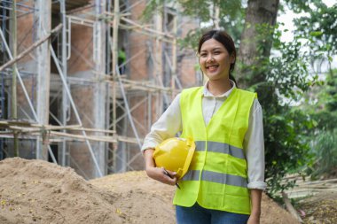 Young architect woman vests holding  helmets standing at construction site and smiling to camera. Engineering and architecture concept. 