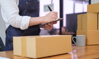 Startup small business owner checking product order at her home office. E-commerce, online selling concept.