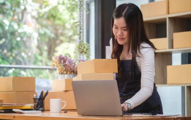 Küçük işletme girişimcisi dizüstü bilgisayar kullanıyor, müşterinin siparişini kontrol ediyor. Başlangıçta küçük işletme, çevrimiçi satış, E-ticaret kavramı.