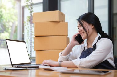 Başlangıçta küçük işletme girişimcisi cep telefonuyla konuşuyor ve çevrimiçi alımları bilgisayarda kontrol ediyor.