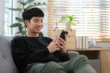 Handsome man in casual clothes relaxing on couch in bright living room and using mobile phone.