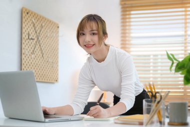 Konforlu ev ofisinde dizüstü bilgisayar kullanan güzel bir iş kadını..