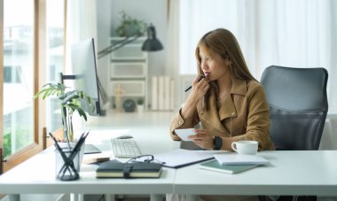 Profesyonel iş kadını bilgisayardaki mali verileri analiz ediyor.