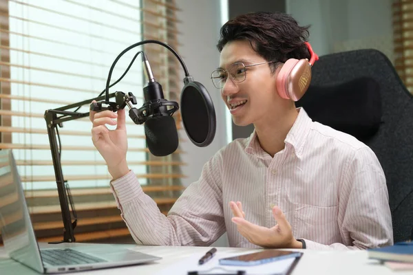 Smiling Male Radio Host Recording Podcast Broadcasting Studio Podcasting Broadcasting — стокове фото