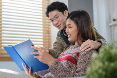 Sevgi dolu genç bir çift kanepede kitap okuyor, kış tatilini evde birlikte geçiriyorlar..