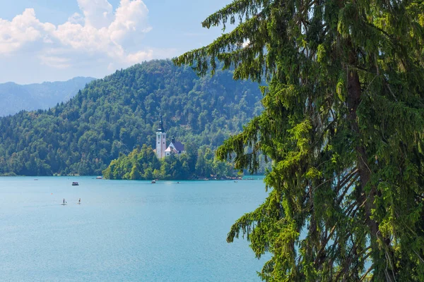 Lake Bled, Slovenia - August 20, 2018: A long distance view of Bled Island in summer, amid a green and blue natural landscape