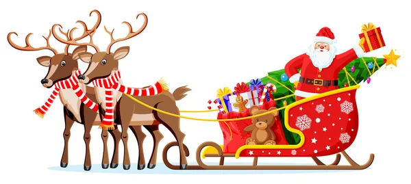 Santa claus on sleigh full of gifts and reindeer. — Stock Vector