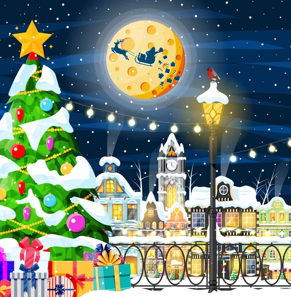 Weihnachtskarte mit Stadtlandschaft und Schneefall. — Stockvektor