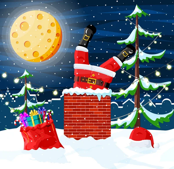 Santa claus with bag with gifts at house roof. — Stock Vector