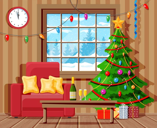 Acogedor interior de la sala de estar de Navidad — Vector de stock
