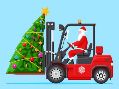 Kırmızı Forklift 'teki Noel Baba Noel ağacıyla dolu. Noel Hediyeleri Teslimat ve Nakliye. Yeni yıl süslemesi. Mutlu Noeller Tatil. Yeni yıl ve yılbaşı. Düz Vektör İllüstrasyonu