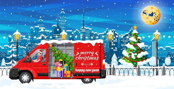 Świąteczna Ciężarówka Dostawcza Mieście Dostawca Czapce Świętego Mikołaja Szczęśliwego Nowego — Wektor stockowy