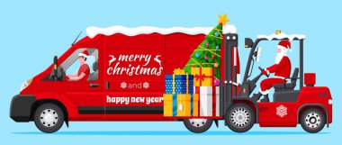 Kırmızı Forklift 'teki Noel Baba hediye kutuları ve kamyonla dolu. Noel Hediyeleri Teslimat ve Nakliye. - Mutlu yıllar. Mutlu Noeller Tatil. Yeni yıl ve yılbaşı. Düz Vektör İllüstrasyonu
