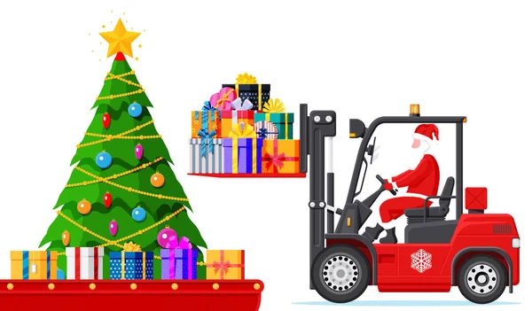 Noel Deposu İçi. Forklift 'teki Noel Baba hediye kutuları ve ağaçlarla dolu. Kutlama Taşıyıcı Sunar. Teslimat Sevkiyatını sunar. Yeni yıl. Noel Xmas 'ı. Düz Vektör İllüstrasyonu