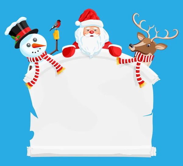 Kerstman, sneeuwpop en hert kerstpersonages — Stockvector