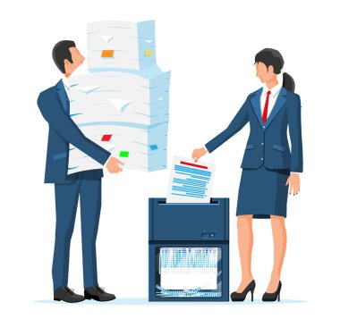 Erkek ve Kadın Ofis İşçileri İmha Belgeleri. Shredder Machine ve gizli kağıtları olan bir iş adamı. Kadın, Evrakları İmha Etmek İçin Ofis Cihazı. Veri Koruması. Düz Vektör İllüstrasyonu