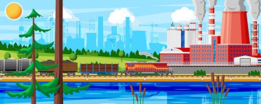 Bitki ve Gaz Borularıyla Kargo Demiryolu Taşımacılığının Endüstriyel Manzarası. Fabrika Binası. Borular, Binalar, Depo, Nakliye İstasyonu. Şehir manzarası Kentsel Skyline. Düz Vektör İllüstrasyonu
