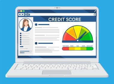 Ekranda Kredi Puanı Uygulaması olan bir dizüstü bilgisayar. Kredi Puanı Göstergesi ve Rapor Göstergesi. Banka Değerlendirme Ölçümü Seviyesi. Borç Bankacılık Aracı. Ok 'la Yuvarlak Şekil. Düz Vektör İllüstrasyonu