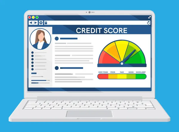 Laptop Credit Score App Στην Οθόνη Δείκτης Πιστωτικό Αποτέλεσμα Και — Διανυσματικό Αρχείο