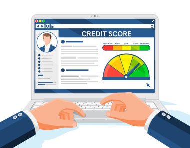 Ekranda Kredi Puanı Uygulaması olan bir dizüstü bilgisayar. Kredi Puanı Göstergesi ve Rapor Göstergesi. Banka Değerlendirme Ölçümü Seviyesi. Borç Bankacılık Aracı. Ok 'la Yuvarlak Şekil. Düz Vektör İllüstrasyonu
