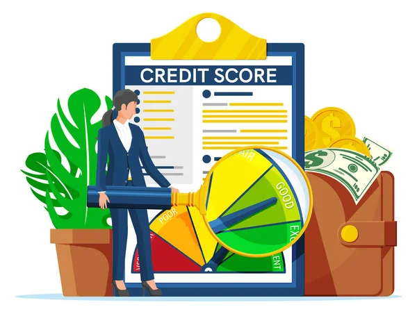 Credit Score Indicator Och Gauge Rapporten Värderingsnivå För Banker Dålig — Stock vektor