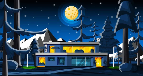 Country House Night Forest Landscape Inglês Cottage Trees Mountains Campo —  Vetores de Stock