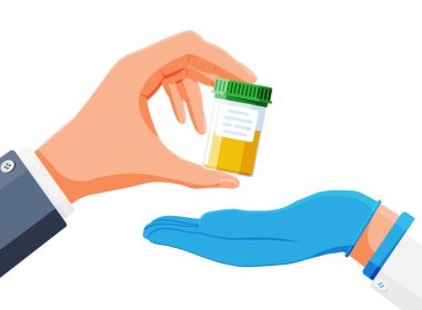 Eldeki idrar tüpü beyaza izole edildi. Cam Tüpte Tıbbi Örnek. İdrar ile laboratuvar konteynırı. Ürolojik Analiz ve Tıbbi Muayene için numune kupası. Çizgi film Düz Vektör İllüstrasyonu