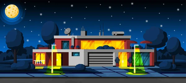 Paisaje Con Casa Campo Residencial Noche Campo Edificio Exterior Fachada — Vector de stock