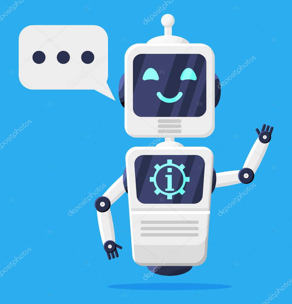 Happy Smiling Robot with Bubble Speech Isolated.