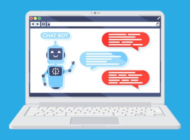 Chat Bot Talk in Bubble in Screen dizüstü bilgisayarı. Konuşma Penceresi olan robot. Chatbot Selamları. Online Destek Robotu. Yapay Zeka, Yapay Zeka Yardım Hizmetleri ve Destek Asistanı. Düz Vektör İllüstrasyonu