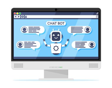 Ekranda Sohbet Robotu Konuşan Bilgisayar. Konuşma Penceresi olan robot. Chatbot Selamları. Online Destek Robotu. Yapay Zeka, Yapay Zeka Yardım Servisi, Destek Asistanı. Düz Vektör İllüstrasyonu
