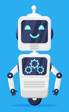İzole edilmiş Mutlu Gülümseyen Robot. Gears 'la sohbet robotu. Chatbot Robot Selamları. Yapay Zeka, Yapay Zeka Yardımcısı. Hizmet ve Destek Asistanı. Çizgi film Düz Vektör İllüstrasyonu