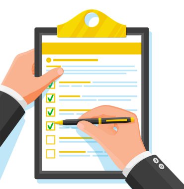 Kontrol Listesi ve Kalemi olan pano. Anket, Kontrol Listesi, Yapılacaklar Listesi, Araştırma, Görev Listesi. Beyaz Kağıt ve Kalemli Mavi Klipsli. Ofis Kırtasiyesi ya da Evrak Konsepti. Düz Vektör İllüstrasyonu