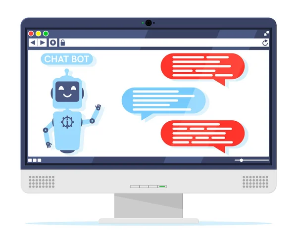 Υπολογιστής με Chat Bot μιλήσει στη φούσκα στην οθόνη — Διανυσματικό Αρχείο