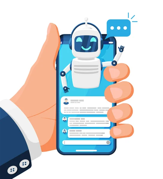 Smartphone con Chat Bot Hablar en la burbuja en la pantalla — Archivo Imágenes Vectoriales