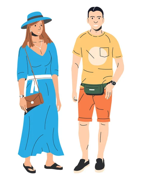 Frauen Mit Hut Und Männer Kurzen Hosen Isoliert Mode Mädchen — Stockvektor