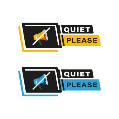 Sessiz Lütfen İmzala veya Etiketle. Megafon ikonuyla. Premium uyarı şablonu vektör çizimi