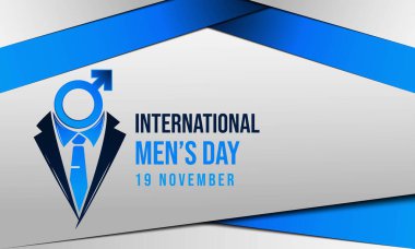 Uluslararası Erkekler Günü Arkaplanı. Uzay alanını kopyala. Tebrik kartı, afiş, vektör illüstrasyonu. 19 Kasım. Kravat ve smokin ikonu ile gradyan mavi renk. Premium ve lüks tasarım