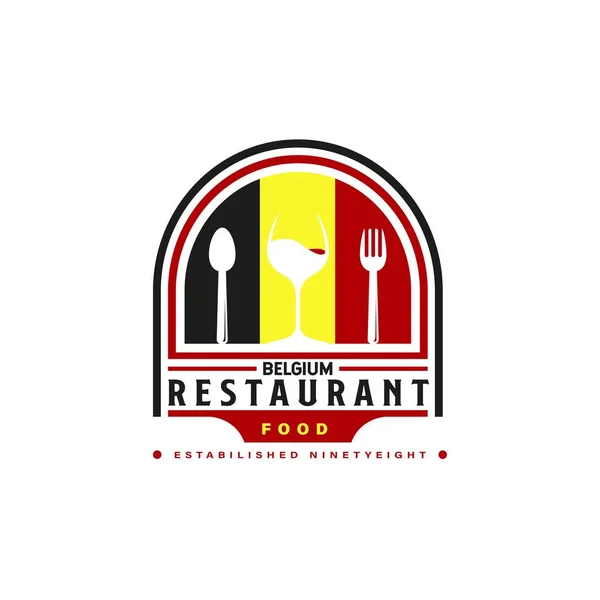 Belgique Food Restaurant Logo Symbole Drapeau Belge Avec Cuillère Verre — Image vectorielle