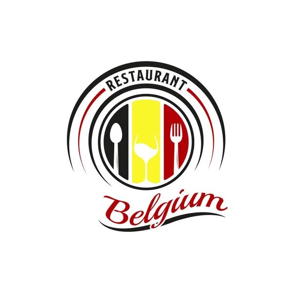 Βέλγιο Λογότυπο Εστιατορίου Σύμβολο Σημαία Βελγίου Κουτάλι Ποτήρι Κρασιού Μαχαίρι — Διανυσματικό Αρχείο