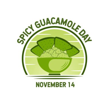 Ulusal Baharatlı Guacamole Günü. 14 Kasım. Geleneksel Meksika sosu ve mısır cipsi. Arkaplan, tebrik kartı, poster ya da kauçuk damga. Premium ve lüks vektör çizimi
