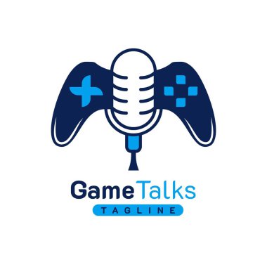 Oyun Podcast Logosu. Mikrofon, oyun alanı ve joystick ikonuyla. Premium, sportif ve lüks tasarım vektörü