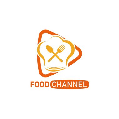 Yemek Kanalı Logosu. Mutfak televizyonu. Bir oyun, şef şapkası, kaşık ve çatal ikonuyla. Premium ve lüks tasarım