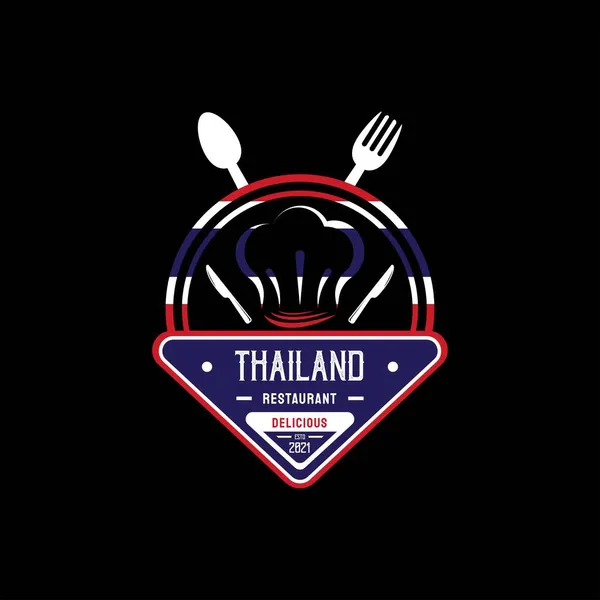 泰国食品餐厅标志 泰国国旗的象征与厨师帽 烤面包 叉子和刀图标 高级及豪华标志 — 图库矢量图片