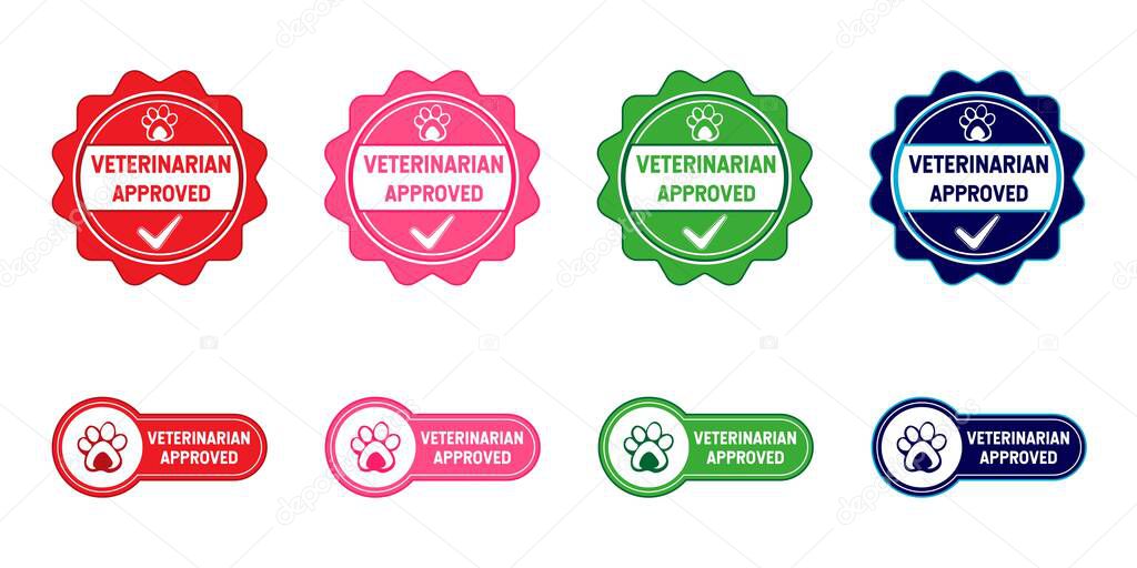 Veterinarian Approved Label, Stamp, Badge, or Logo. With paw and check symbol. On red, pink, green, and blue colors. Premium and luxury emblem vector